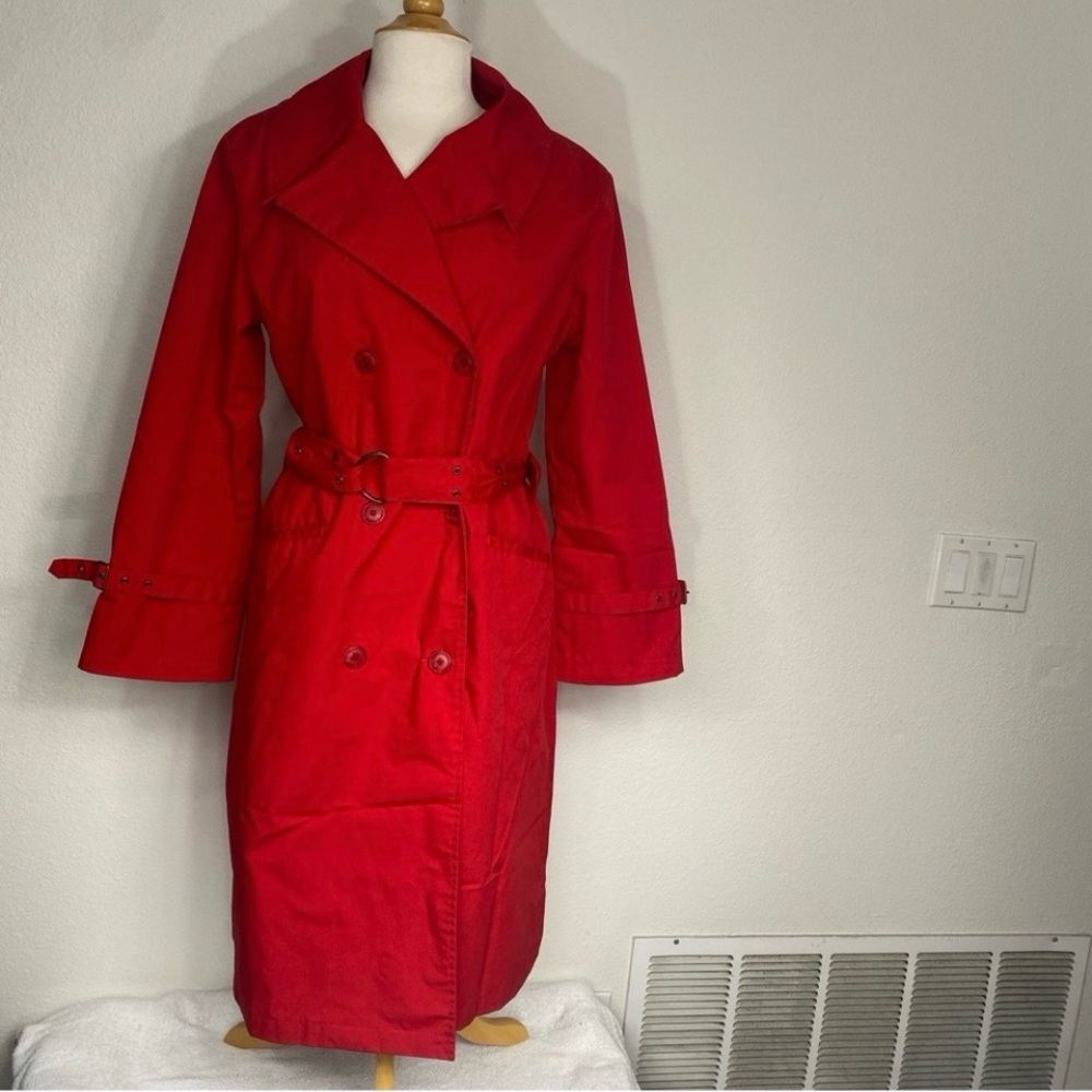 Cami Women's Red Button Belted Long Trench Coat Size 12 Classic Minimalist Retro